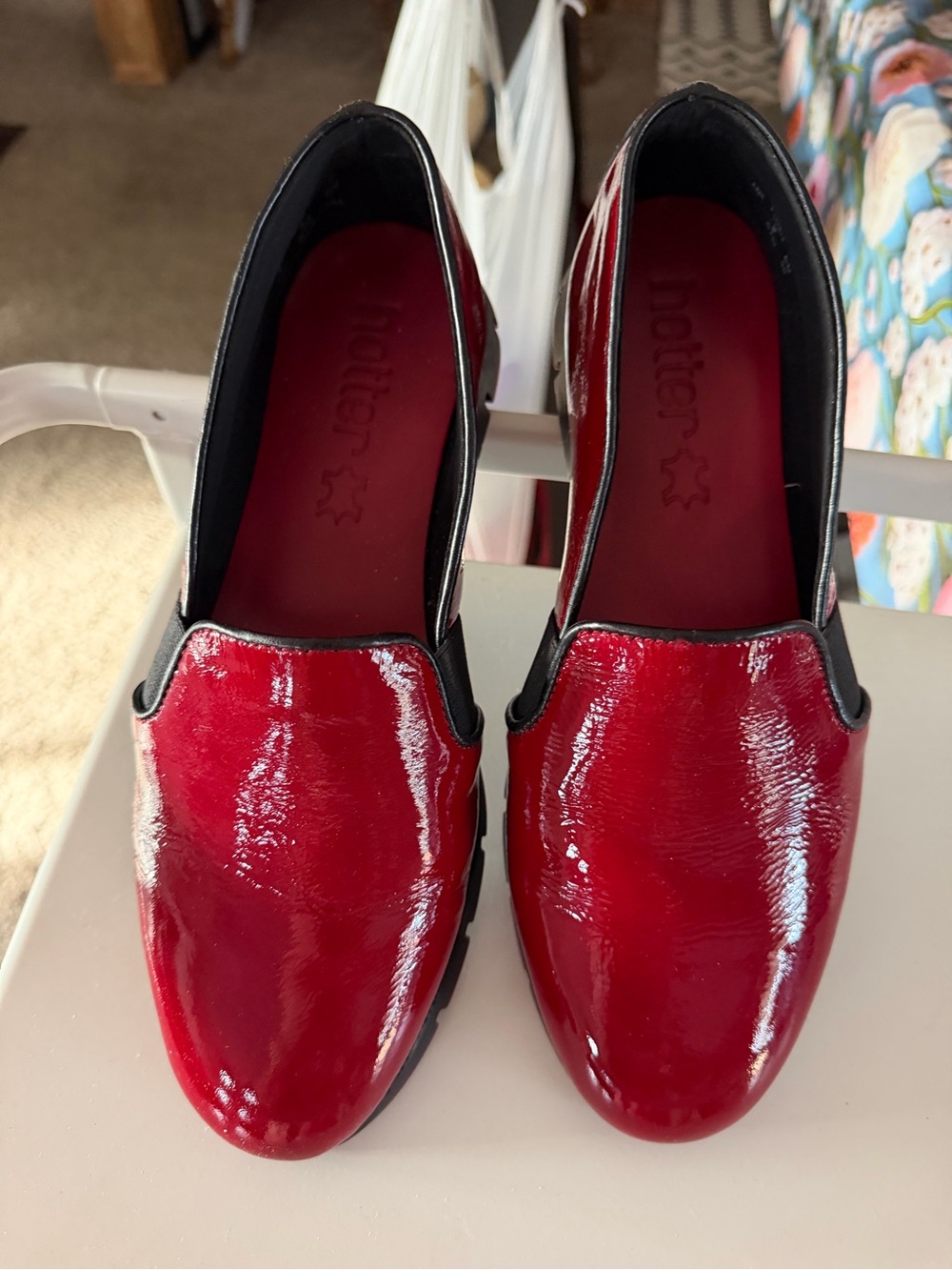 hotter Women's Red Patent Slip-On Loafers with Black Trim